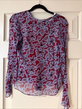 Rebecca Taylor Red Sheer Floral Blouse with Light Blue Pattern